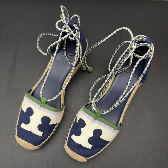 Tory Burch Shoes - Tory Burch Laguna Espadrille Wedge Shoes Navy Blue Green Lace Up 8.5 NEW